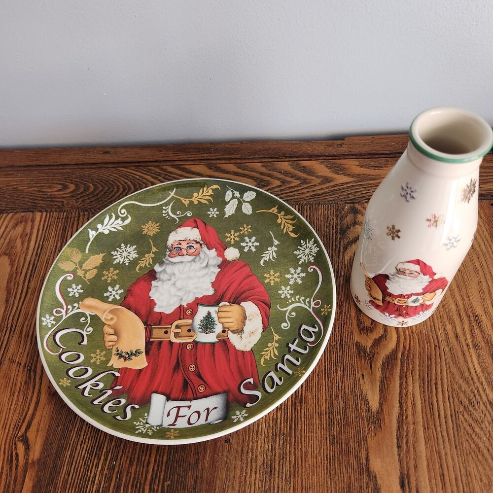Spode Christmas Tree Santa Porcelain 8.5 in Cookies Plate and 10 oz Milk Bottle